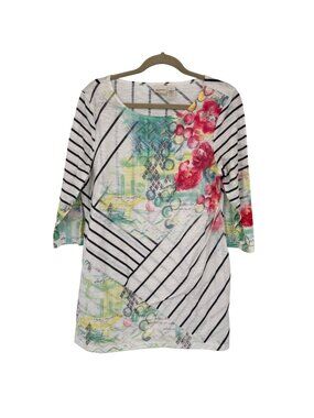 Zenergy By Chicos Womens 3/4 Sleeve Tunic Top Size large Striped  Floral Design